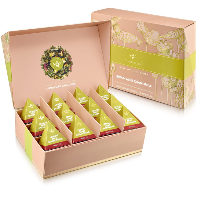 Teabloom Lemon Mint Chamomile Pyramid Tea Presentation Box, 12 Herbal Tea Blends