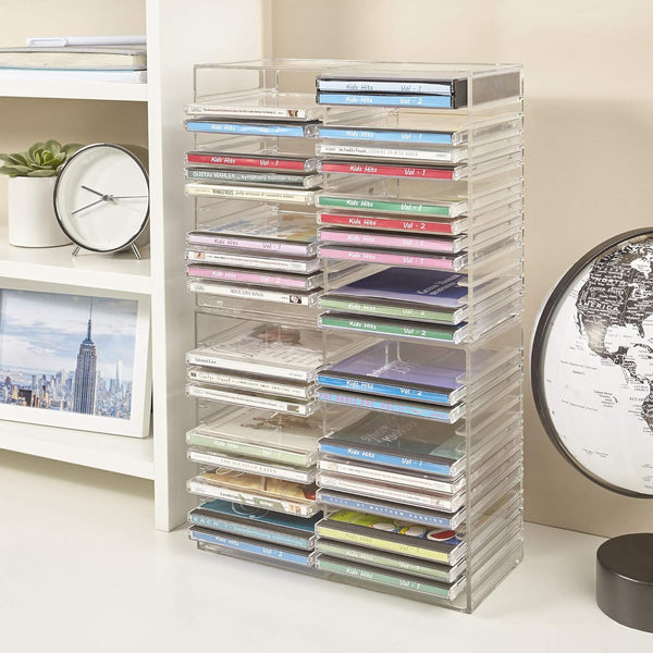 Stori Stackable Clear Plastic CD Organizer with Rubber Feet | Rectangular Jewel Cases Holder Perfect for Theatre Room | Holds up to 30 CD Cases |