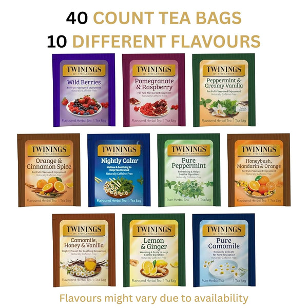 Twinings Herbal Caffeine-Free Tea Bags Sampler, Assortment Variety Pack (40 Count) 10 Different Flavors for Tea Lovers: Her, Him, Women, Men,