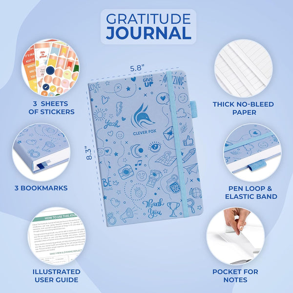 Clever Fox Gratitude Journal for Women & Teen Girls, 5.8x8.3 Periwinkle | 3-month daily guided journal, inspirational prompts for positivity,