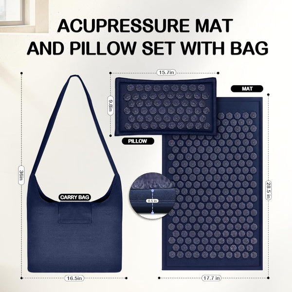 Ladyrosian Acupressure Set for Back and Neck Pain Relief, Muscle Relaxation Stress Relief Acupressure Mat and Pillow Set with Bag (Navy Blue)
