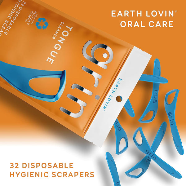 GRIN Tongue Cleaner, 32 Count, Disposable Tongue Cleaner, Hygienic Scraper, Recycled Plastic, Clean Tongue, Promote Fresh Breath, Includes Safe