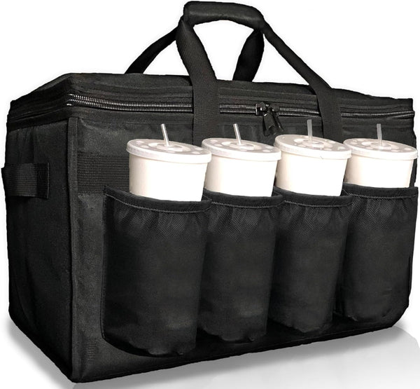 FRESHIE Insulated Food Delivery Bag with Cup Holders/Drink Carriers Premium, for Doordash, Uber Eats, Grubhub, Pizza Bag, Catering, Beverage,