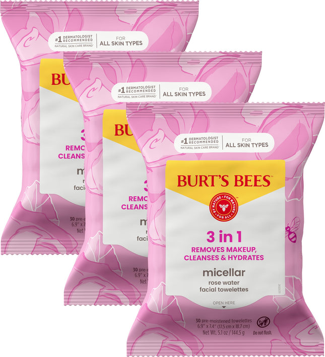 Burt'S Bees Rose Water Face Wipes, for All Skin Types, Hydrating Micellar Makeup