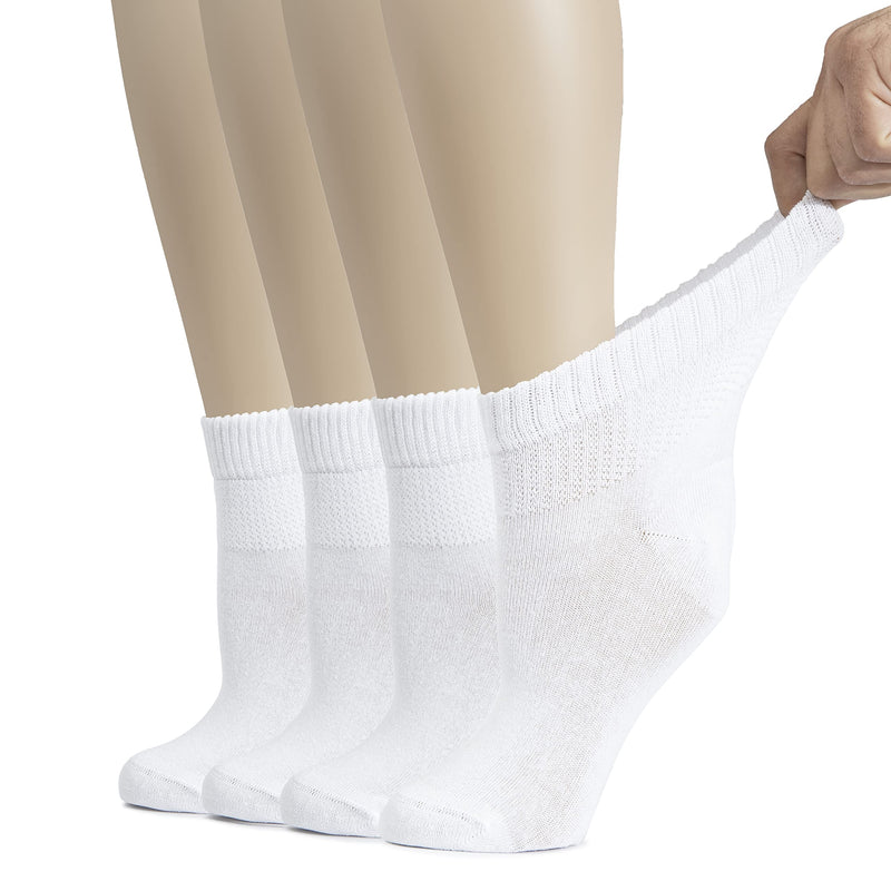 Hugh Ugoli Women's Cotton Diabetic Ankle Socks, Wide, Thin, Loose Fit and Stretchy, Seamless Toe, Non Binding Top, 4 Pairs 6-9 05- White (4 Pairs)