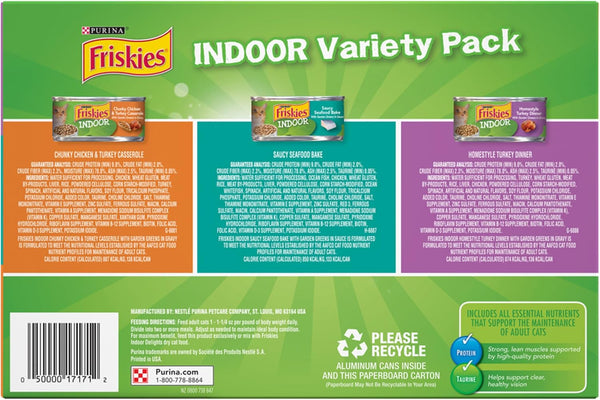 Purina Friskies Indoor Cat Food 24ct VP - (Chicken and Turkey Casserole, Saucy Seafood Bake, Homestyle Turkey Dinner) - (Pack of 24) 5.5 oz. Cans