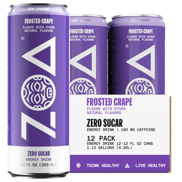 ZOA Zero Sugar Energy Drinks - Frosted Grape | Healthy Energy Formula with Natural Caffeine, Daily Vitamin C, Essential B-Vitamins | Gluten-Free,