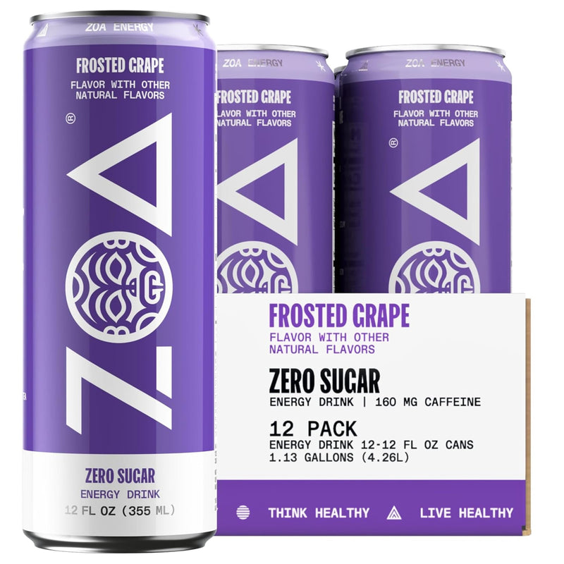 ZOA Zero Sugar Energy Drinks - Frosted Grape | Healthy Energy Formula with Natural Caffeine, Daily Vitamin C, Essential B-Vitamins | Gluten-Free,