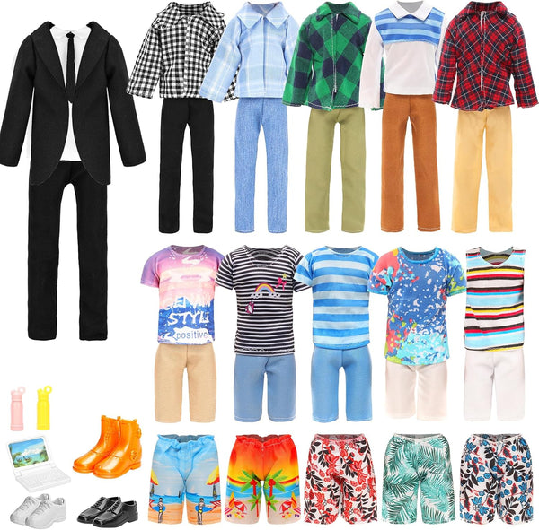 Lot 16 PCS Doll Clothes & Accessories Classic Black Suit for Boy Doll | Include Random 4 PCS Casual Wear + 5 PCS Dolls Pants + 3 Pairs of Shoes
