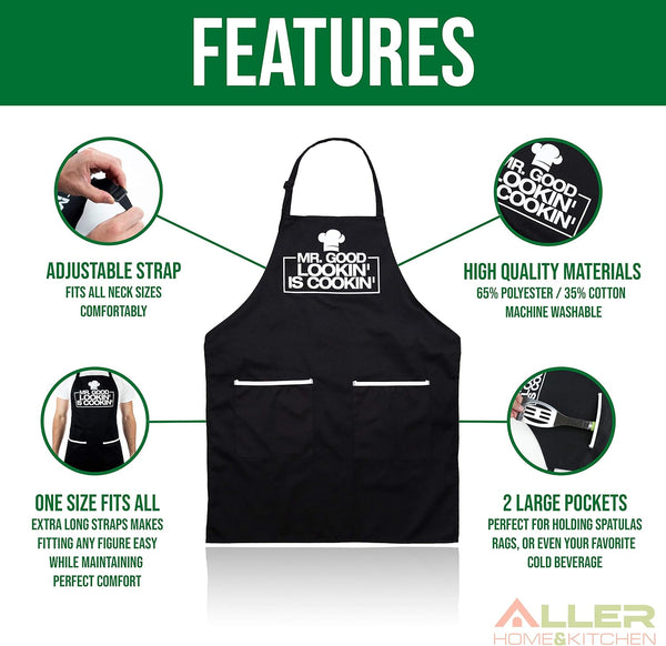 ALLER HOME&KITCHEN Funny Apron for Men, 2 Large Pockets One Size Fits All Chef Apron for Grilling, Cooking, BBQ Accessories Mr. Good Looking is