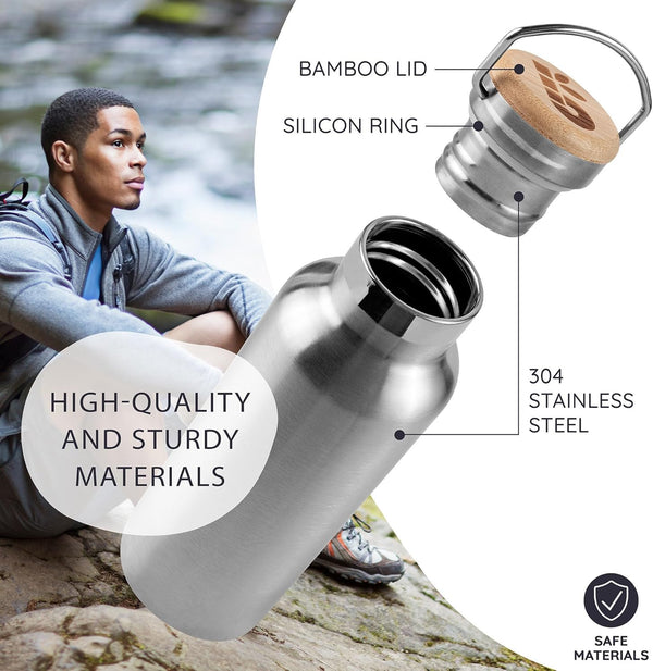 Bambaw Stainless Steel Insulated Water Bottle 32 oz, Stainless Steel Water Bottles 32 oz with Handle & Wide Mouth, Rust-Resistant Metal, Durable &