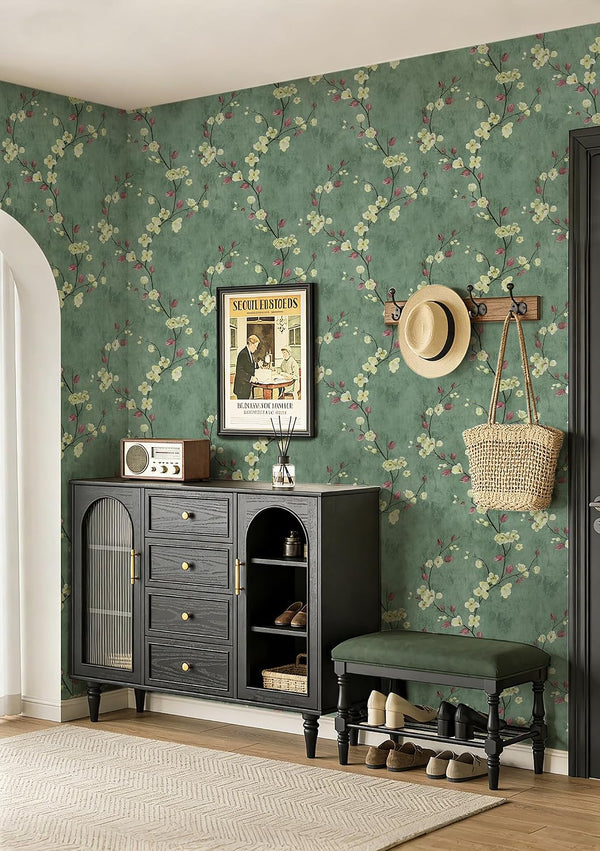 Safiyya 118"x17.7" Green Floral Peel and Stick Wallpaper Vintage Contact Paper Removable Self-Adhesive Wall Paper for Bedroom Vinyl Roll 17.7" x 118"