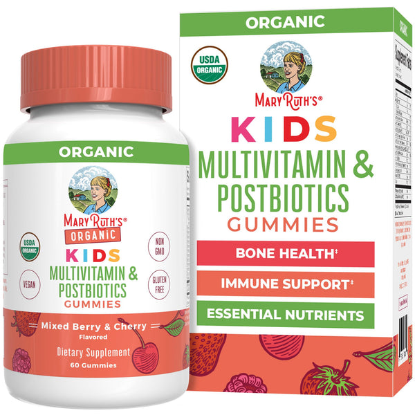 Maryruth Organics Kids Vitamins | USDA Organic | Multivitamin Gummies + Postbiotics for Ages 4+ | Lactobacillus Rhamnosus | Vegan | Non-Gmo | 60 Count