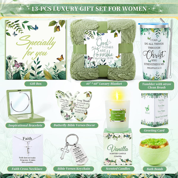 Fortuning's JDS 13PCS Christian Gifts for Women Faith- Inspirational Religious Catholic Gifts Basket, Green Self Care Package Get Well Soon