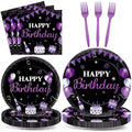 96Pcs Purple and Black Birthday Decorations Happy Birthday Party Supplies Tableware Set Purple Black Disposable Paper Plates Napkins Dinnerware