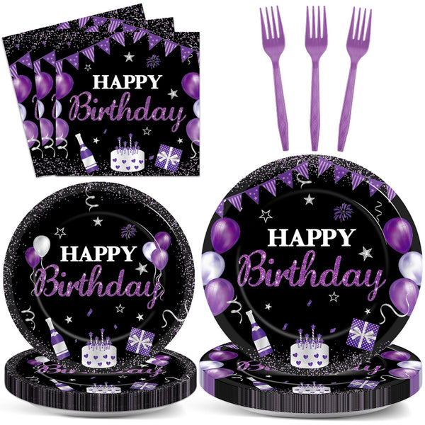 96Pcs Purple and Black Birthday Decorations Happy Birthday Party Supplies Tableware Set Purple Black Disposable Paper Plates Napkins Dinnerware