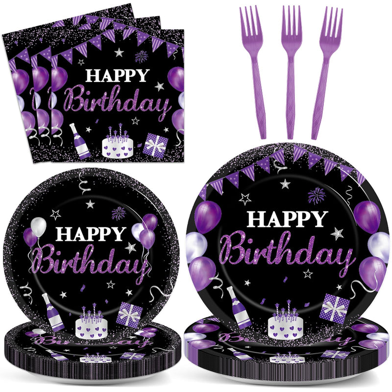 96Pcs Purple and Black Birthday Decorations Happy Birthday Party Supplies Tableware Set Purple Black Disposable Paper Plates Napkins Dinnerware
