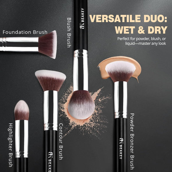 BEAKEY Makeup Brushes Set, Professional Foundation Eyeshadow Concealer Blush Powder Bronzer Applicator, 2 Blender Sponge with Beauty Paper Case