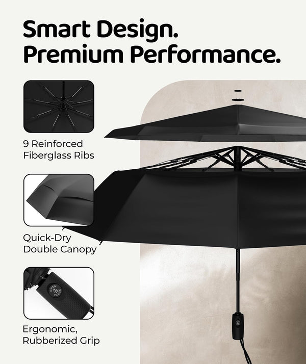 Windproof Travel Umbrella - Compact & Withstands Winds up to 100MPH, Strongest Premium Auto Folding Umbrella for Rain and Sun - Durable, Light &