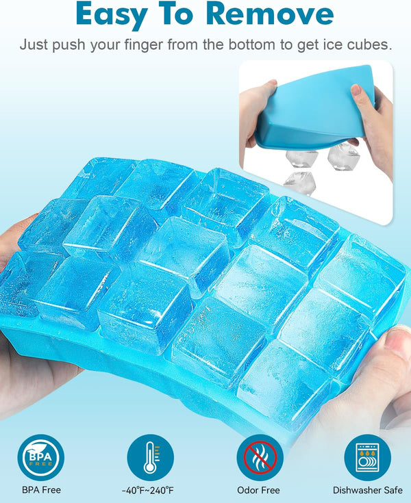 2 Pack Ice Cube Trays, ZDPMK Silicone Easy Release Flexible Molds 15 Ice Cubes Tray for Freezer，Cocktail，Whiskey，Reusable & BPA Free Blue
