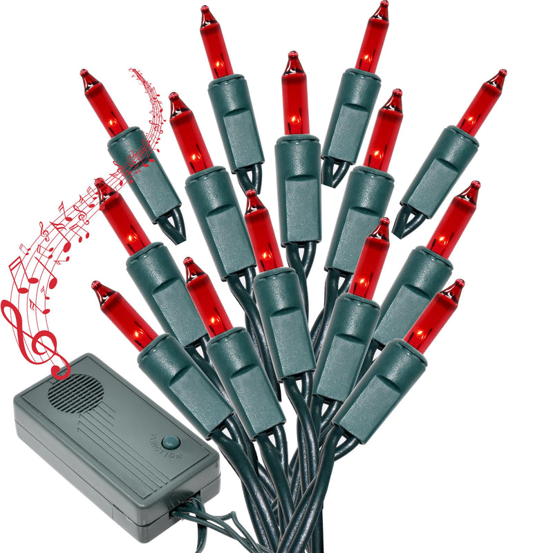 Holiday Essence 140 Red Musical Christmas Lights, Plays 25 Classic Music Songs, 8 Function Chaser, Green Wire, 31.2 Ft Wire Length Indoor String