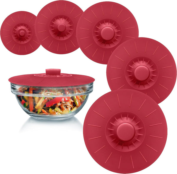 Silicone Bowl Lids Red, Set of 5 Reusable Suction Seal Covers for Bowls, Pots, Cups. Food Safe Natural Grip, Interlocking Handles for Easy Use and