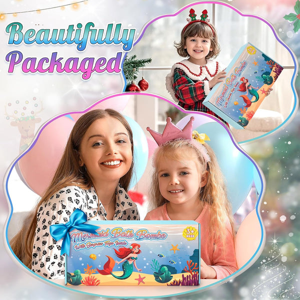 Mermaid Bath Bombs for Kids with Surprise Toys Inside, 8 Pcs Organic Natural Bubble Bath Bombs for Girls,Christmas Birthday Gift for 3 4 5 6 7 8