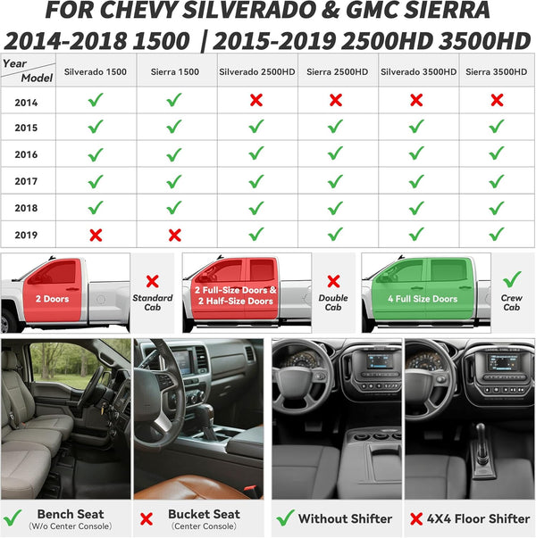 YITAMOTOR Floor Mats for 2014-2018 Silverado/Sierra 1500, 2015-2019 2500HD 3500HD, Crew Cab w/Bench Seat Carpet Floor, Custom Fit All Weather TPE