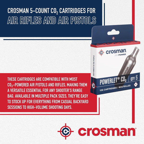 Crosman Powerlet CO2 Cartridges for Air Rifles, Air Pistols & Paintball - Snug Fit, Leak-Free Seal, Durable Metal Construction - Made in USA,