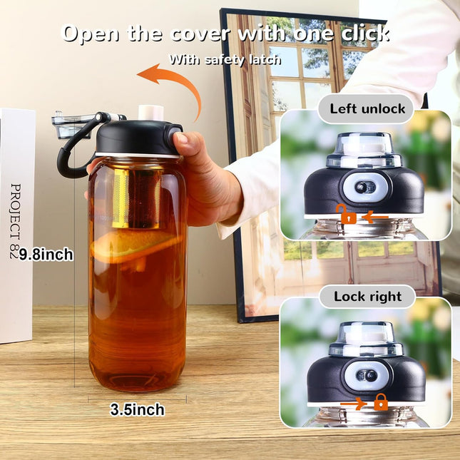 34Oz Glass Water Bottle with Capacity Mark & Stainless Steel Tea Strainer-Large Capacity for Hot/Cold Drinks,Coffee,Tea,