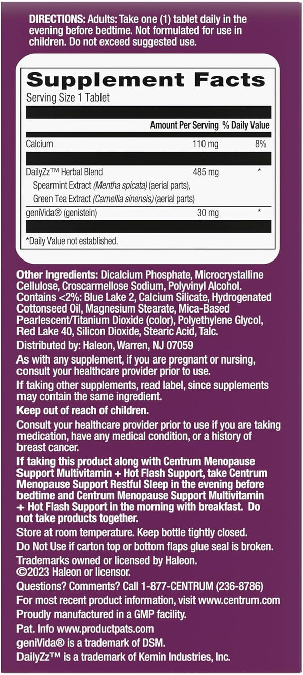 Centrum Restful Sleep Menopause Support Tablets, Supplement with Clinically Studied DailyZz and geniVida, 28 Count 28 Count (Pack of 1)