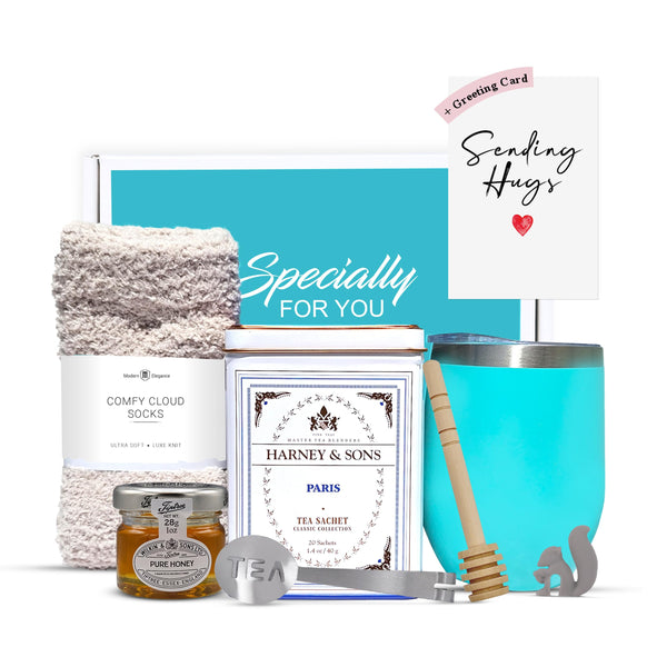 Tea Gift Set for Women Ã¢ÂÂ Thoughtful Get Well Gift Box with Cozy Socks, Stainless Tumbler, 20 Teaa Sachets, Honey Jar & Sending Hugs Card (Paris