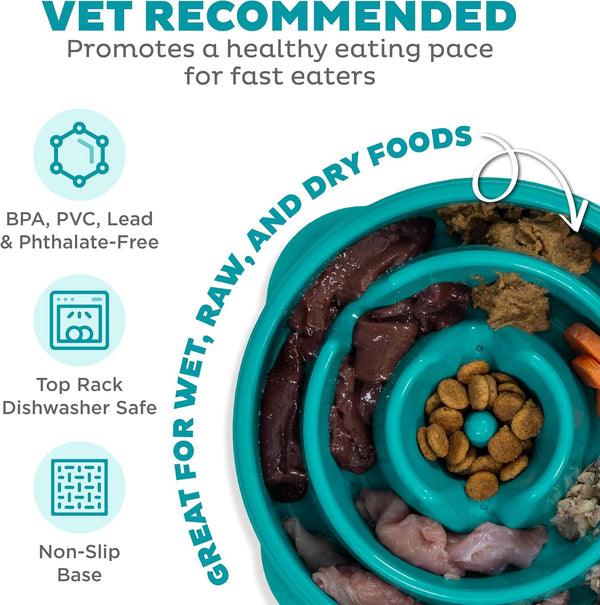 Outward Hound Fun Feeder Slo Bowl – Medium 2‑Cup Capacity, Slow Feeding, Small to Medium Dogs & Cats, Non-Slip, Turquoise, Drop Pattern Turquoise
