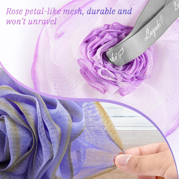 LAYUKI Bath Loofah, Shower Sponge, Body Scrubber, Rose-Shaped, Elegant (Set of 4 Pieces) 4 Pieces Pink & Blue & Purple & Grey