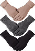 Dimore 3 Pairs Winter Gloves for Women Cold Weather Girls With Touch Screen Fingers Warm Thick Texting Bulk Wholesale Black1/Grey1/Khaki1