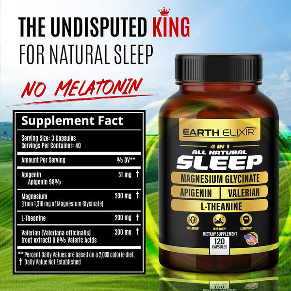 4-In-1 Sleep Aid (120 Caps) W/Apigenin 50Mg, Magnesium Glycinate 200Mg, L Theanine 200Mg & Valerian Root for Sleep Aid 300Mg | Apigenin Supplement