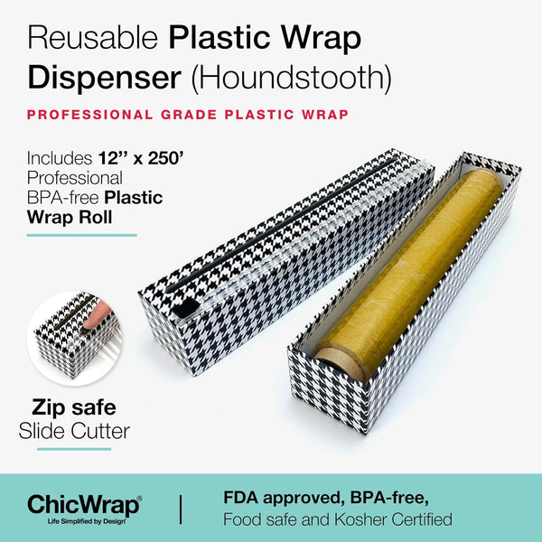 Chicwrap Houndstooth Refillable Plastic Wrap Dispenser - One 12" X 250' Roll of Professional Grade Plastic Wrap - BPA Free and Kosher Certified -