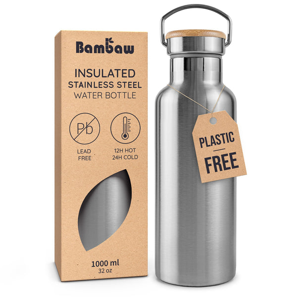 Bambaw Stainless Steel Insulated Water Bottle 32 oz, Stainless Steel Water Bottles 32 oz with Handle & Wide Mouth, Rust-Resistant Metal, Durable &