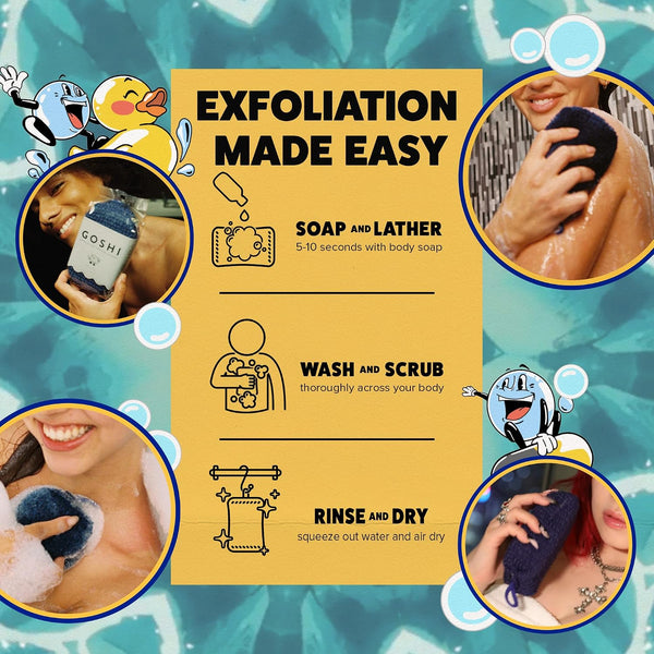 GOSHI Exfoliating Shower Sponge - Rip-Resistant, Rapid-Drying Exfoliating Bath Sponge for All Skin Types - Indigo Blue - Made in Japan |
