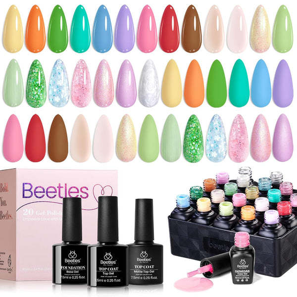 beetles Gel Nail Polish Set 20 Colors Pastel Gel Polish with Glossy&Matte Top Coat Base Coat, Pink Purple Blue Green White Trendy Color Glitter Uv