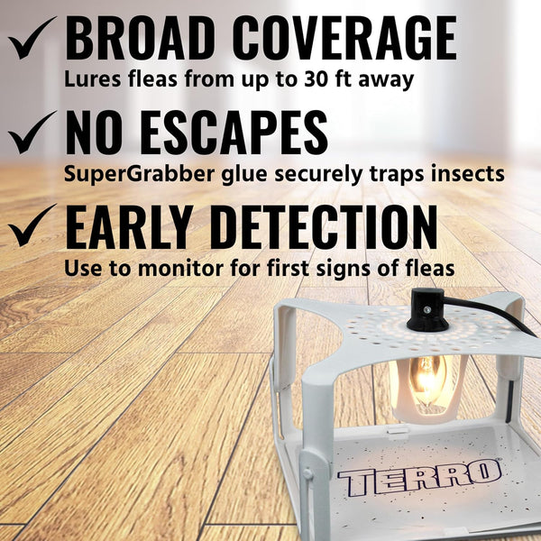 TERRO Indoor Electric Flea Trap and Killer, Refillable Plug in Bug Trap | SuperGrabber Glue Boards for Pest Control, Attracts Fleas from up to 30