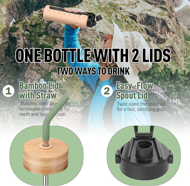32Oz Glass Water Bottle with Straw and 2 Lids- Bamboo and Handle Spout Lid, Glass Drinking Bottles with Silicone Sleeve 