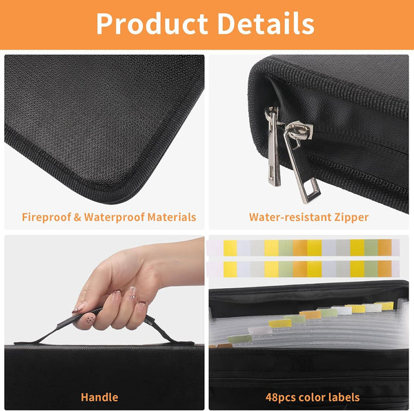 Accordion File Organizer, 24 Pocket Expanding Folder with Multi Pockets Fireproof Folder with Handle & Labels Portable Business Fire and Water