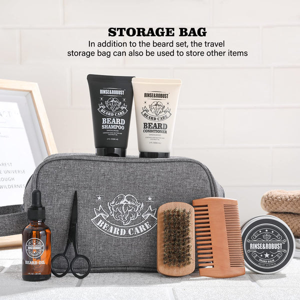 Rinse & Robust Beard Wash, Fathers Day Dad Gift, Beard Conditioner, Beard Oil, Beard Balm Gift Set - Sandalwood Fragrance, Natural, Gluten Free