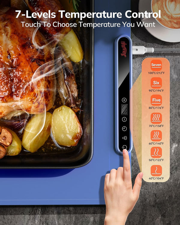 Laudlife Electric Warming Mat for Food, Roll-Up Silicone Heating Pad with 7 Adjustable Tempmaster Levels, Foldable Warming Tray for