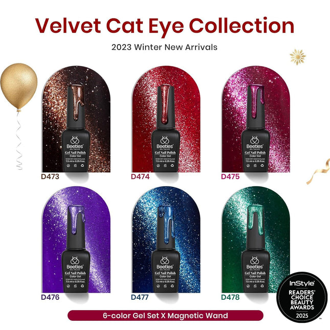 Beetles Cat Eye Gel Nail Polish Set, 6 Colors Glitter Gel Polish Kit Red Pink Shiny Brown Burgundy Purple Blue Green Mag