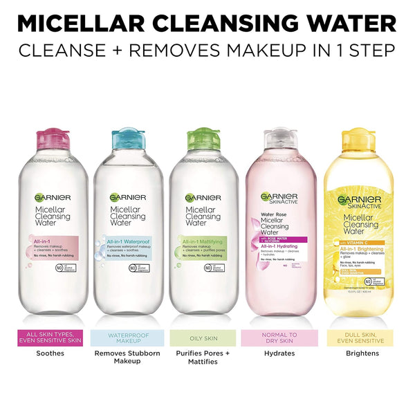 Garnier Micellar Water with Rose Water and Glycerin, Hydrating Facial Cleanser & Makeup Remover, For All Skin Types, Vegan, Cruelty Free, 13.5 Fl
