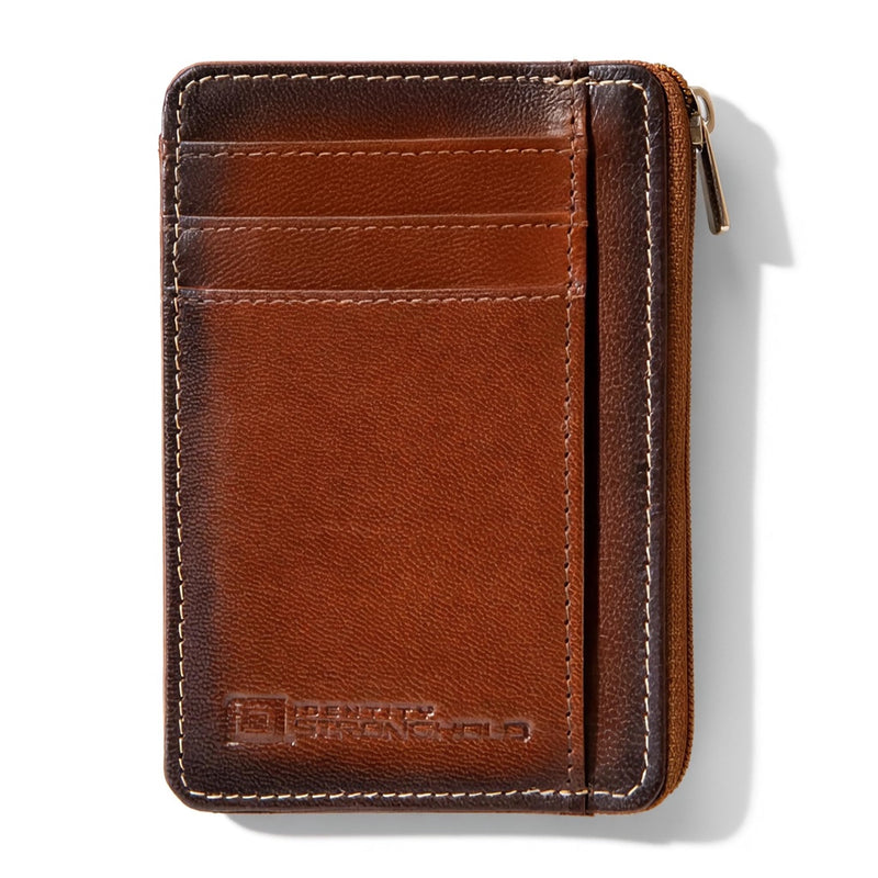 ID Stronghold RFID Blocking Front Pocket Wallet – Slim Minimalist Genuine Leather Wallet with Zipper Coin Pocket (Antiqued Brown)