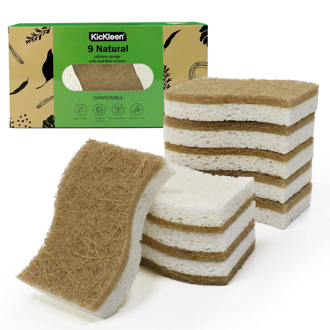9 Pack Biodegradable Natural Kitchen Sponge - Compostable Cellulose and Coconut Walnut Scrubber Sponge - Eco Friendly Su