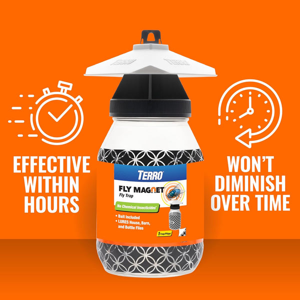 TERRO Fly Magnet Trap, Reusable Poison-Free Outdoor Fly Catcher with Bait | Kills House Flies, Barn Flies & Bottle Flies, Easy to Use Outdoor Fly
